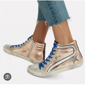 Golden Goose Rose Gold High Tops with Blue Laces